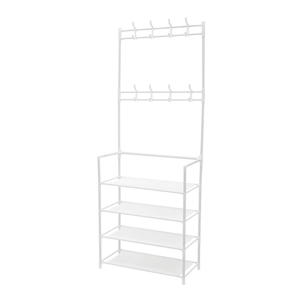 Living and Home 4-Tier Metal Shoe Rack with Hooks for Entryway - White