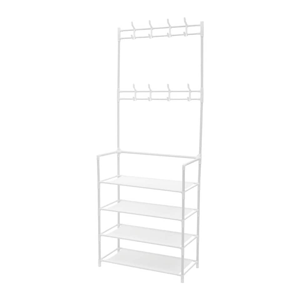 image 1 of Living and Home 4-Tier Metal Shoe Rack with Hooks for Entryway - White