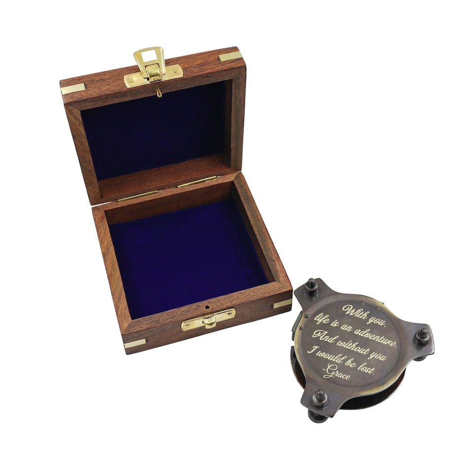image 1 of Engraved 3-Inch Gunmetal Sundial Compass with Wooden Box