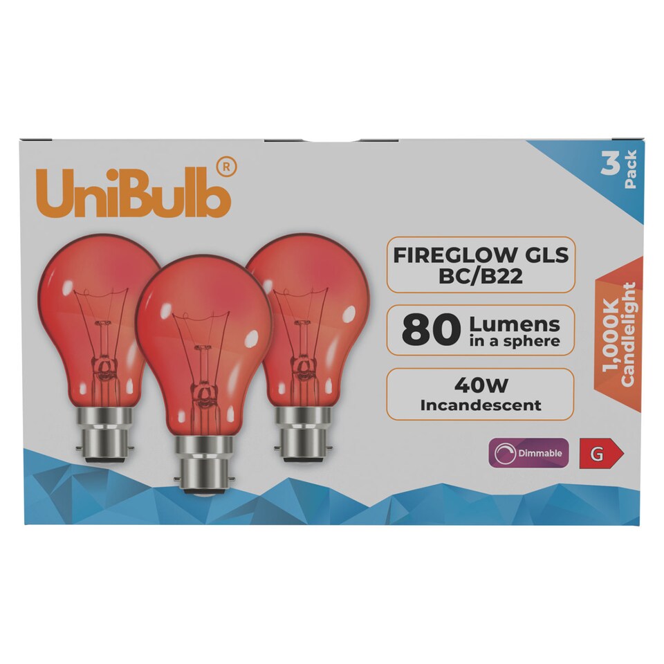 image 1 of UniBulb B22 GLS 40W 1000K Fireglow Red Light Bulb - Pack of 3 | Red | 3