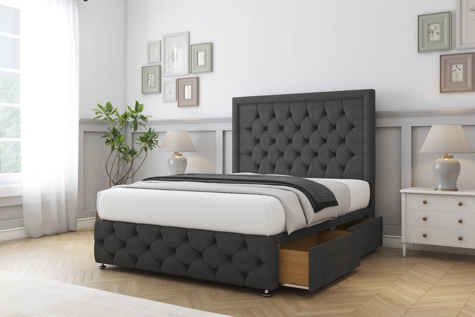 image 1 of Sloomy Vienna Graphite Dumfries Divan Bed Base 2 Drawers Right Side With 54 Inch Floor Standing Headboard & 12 Inch Matching Footboard | Grey | Graphite | Small Single | 1