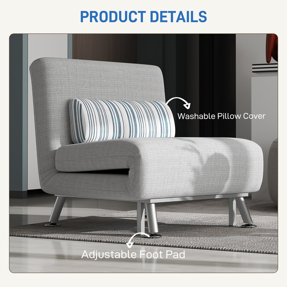 image 1 of HOMCOM Convertible Chair Bed, 3-in-1 Linen Sleeper Chair with Adjustable Backrest, Pillow, for Living Room, Bedroom, Light Grey
