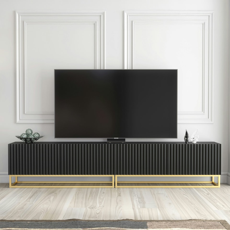 image 1 of Modular TV Unit 200cm Black Matt with Fluted Fronts and Gold Base | Black | One Size | 1