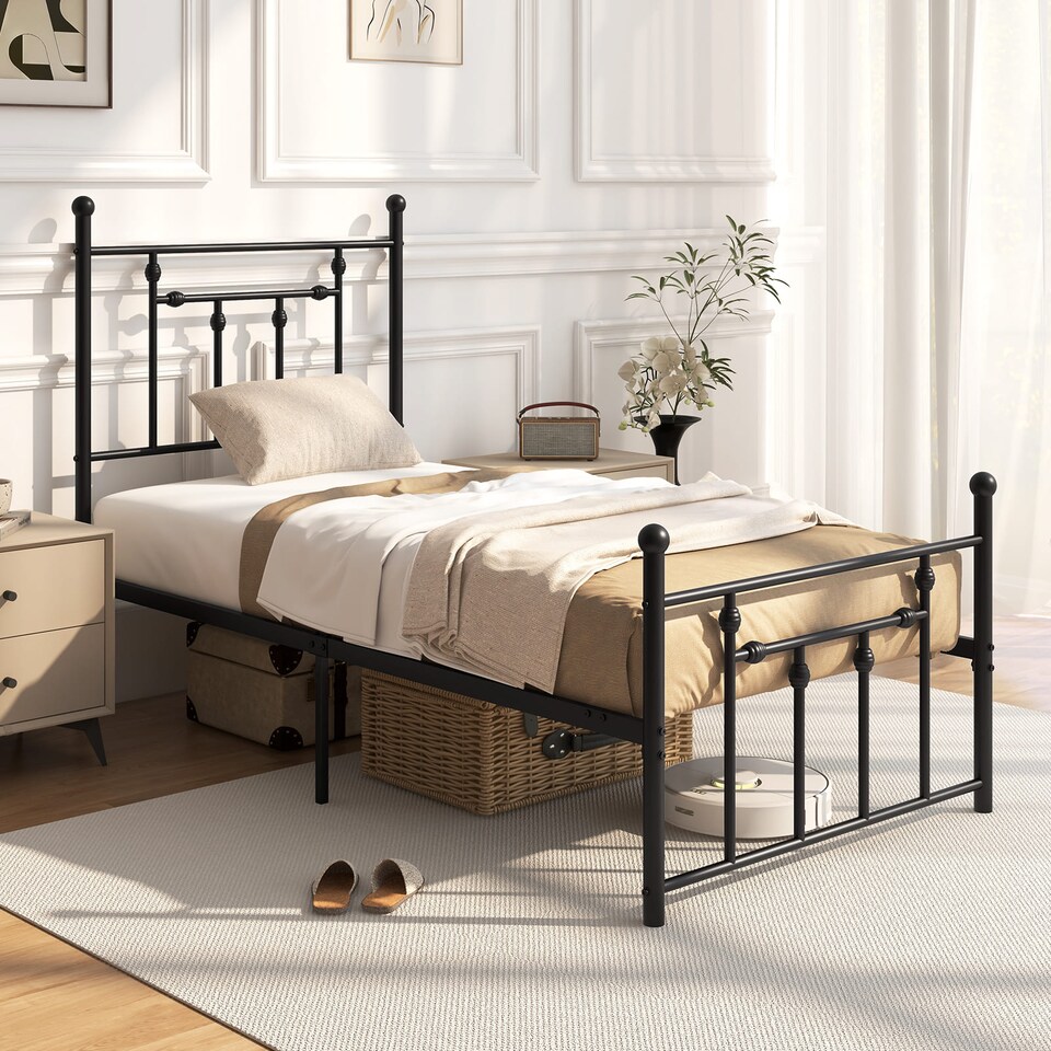 image 1 of COSTWAY Single Size Metal Bed Frame Metal Slats Supported Platform Bed Black