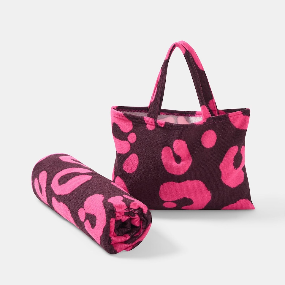 image 1 of OHS Leopard Beach Towel with Bag Quick Dry Absorbent Travel Spa | Pink | Burgundy | One size
