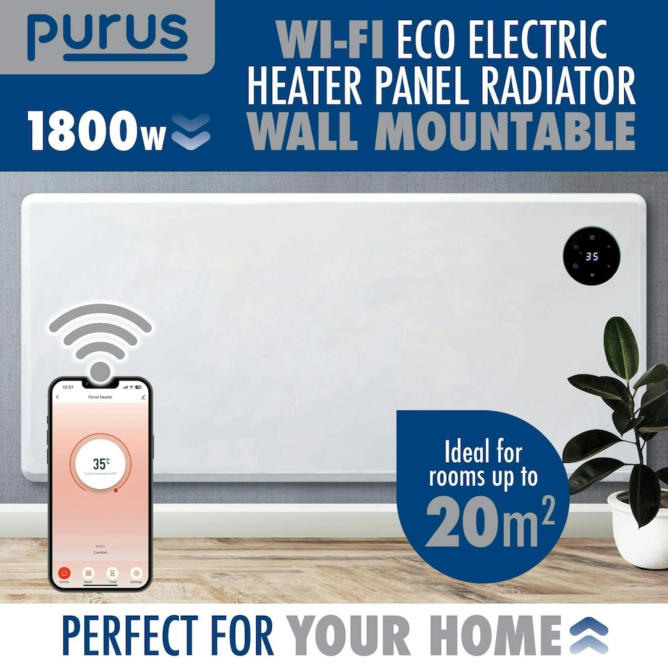 image 1 of Purus 1800W Smart Wifi Eco Heater Electric Panel Radiator Wall Mounted White