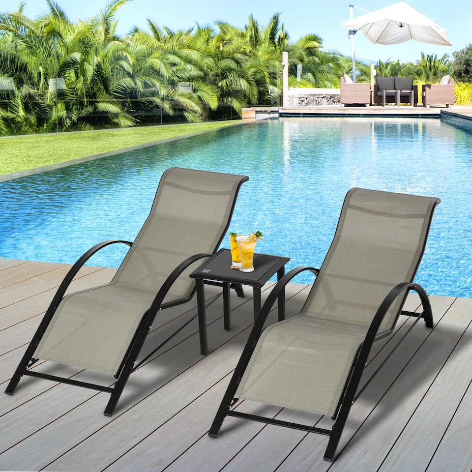 image 1 of Outsunny 3 Pieces Sun Lounger Chair Set, Metal Frame Outdoor Garden Recliner Chairs with Glass Top Side Table and Armrests for Patio, Grey