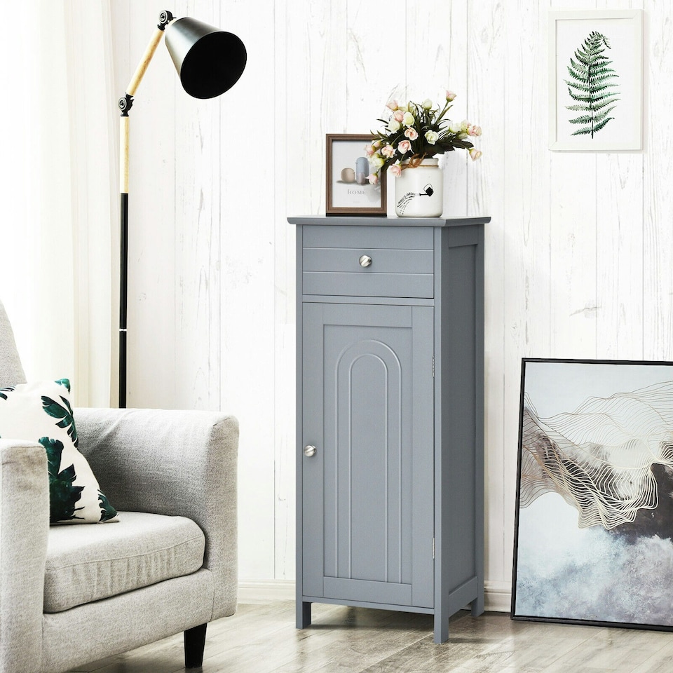 image 1 of COSTWAY Bathroom Storage Cabinet Wooden Cupboard Grey Grey