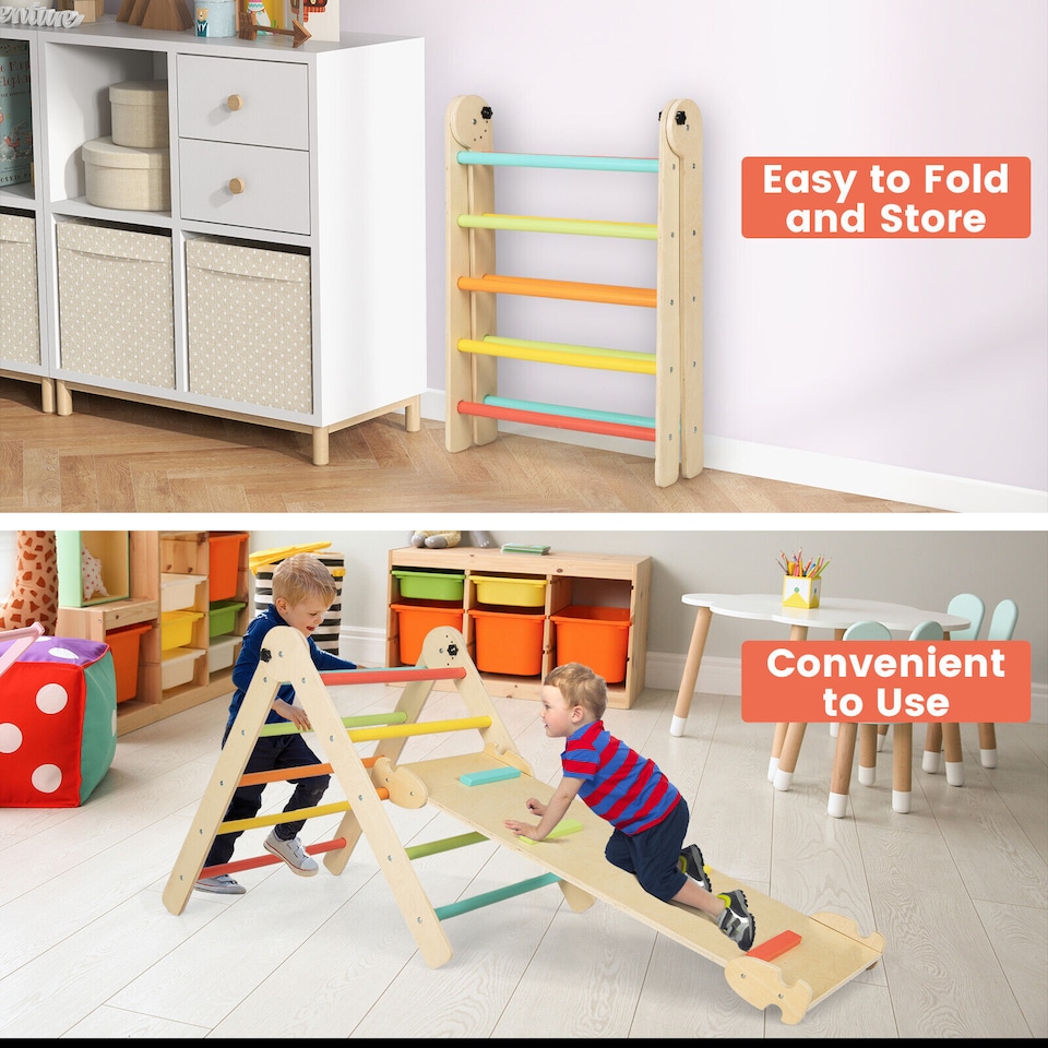 image 1 of COSTWAY 3-in-1 Triangular Climbing Toys Outdoor Toddlers Foldable Triangle Set