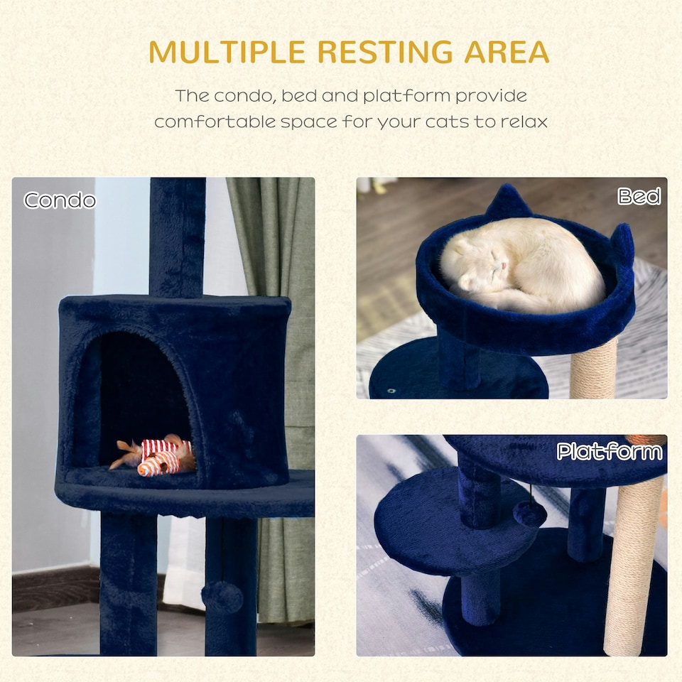 image 1 of PawHut 104cm Cat Tree Condo Tower with Scratching Post Perch Ball, Blue