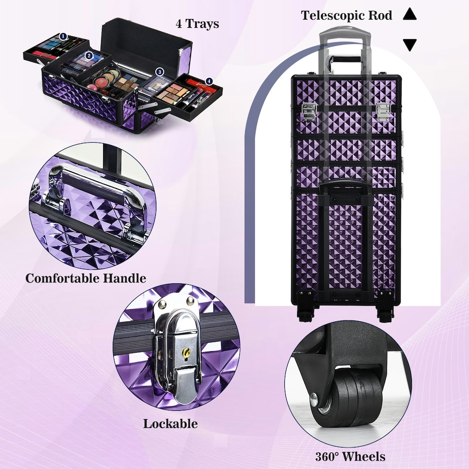 image 1 of Living and Home 4-in-1 Professional Makeup Train Case - Purple