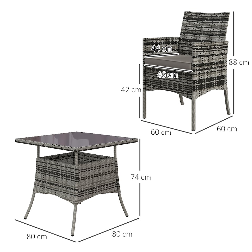 image 1 of Outsunny 4 Seater Rattan Dining Set with Cushions, 5 Pieces Garden Dining Set with Glass Tabletop, PE Rattan Garden Furniture Set with Dining Table and Armchairs for Patio, Balcony, Mixed Grey