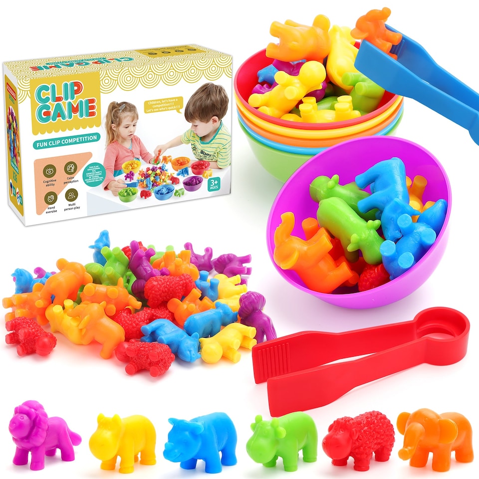 image 1 of Animal Counting Clip Game Colour Sorting Toys Bowl and Tweezers Montessori Toy