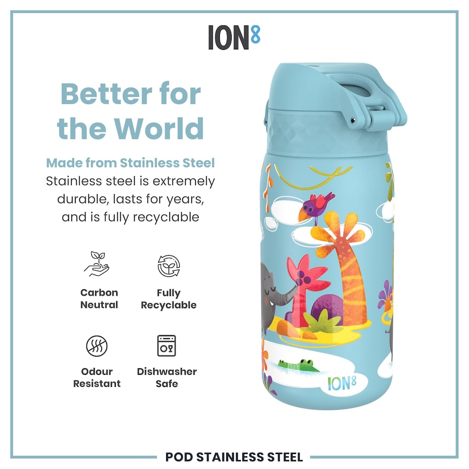 image 1 of Leak Proof Kids Water Bottle, Stainless Steel, 400ml (13oz) | Blue | Safari | One Size