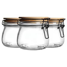 Argon Tableware 3x Glass Storage Jars - Wooden Clip Lid - 500ml - Airtight Kitchen Container Round Preserving Jar with Black Seal