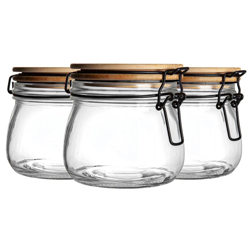 image 1 of Argon Tableware 3x Glass Storage Jars - Wooden Clip Lid - 500ml - Airtight Kitchen Container Round Preserving Jar with Black Seal