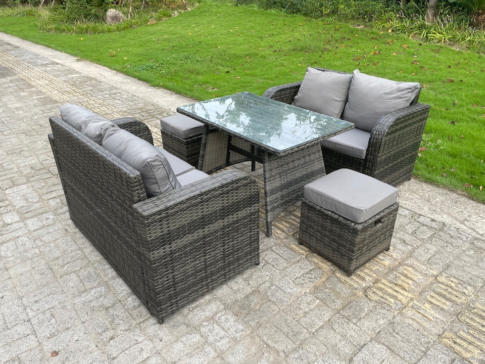 image 1 of Fimous Rattan Garden Furniture Set 2 Seater Curved Arm Double Love Sofa Sofa Oblong Dining Table