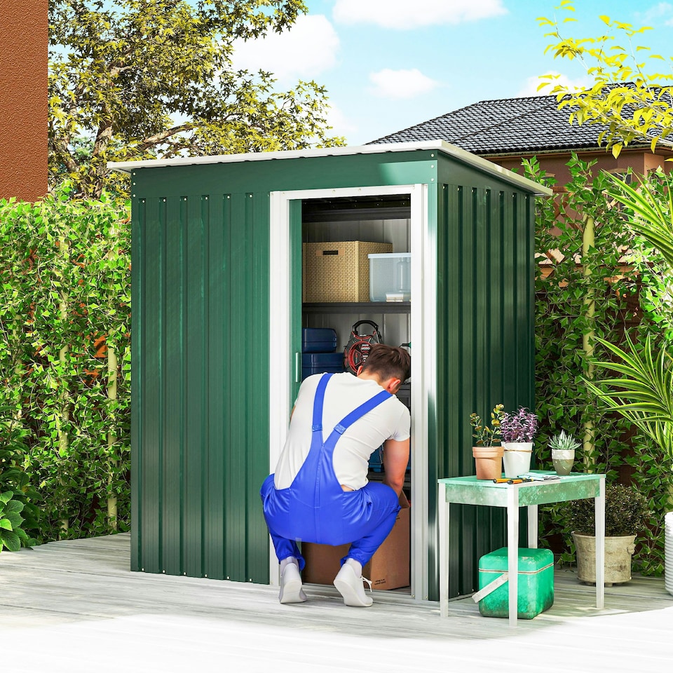 image 1 of Outsunny 5 x 3ft Garden Storage Shed Sliding Door Sloped Roof Tool, Green