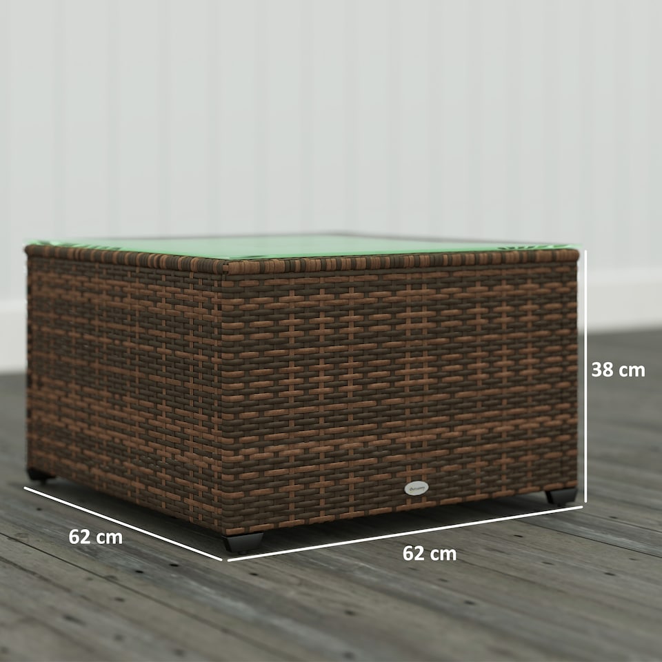 image 1 of Outsunny Outdoor Coffee Table with Glass Top, Rattan Side Table, Brown