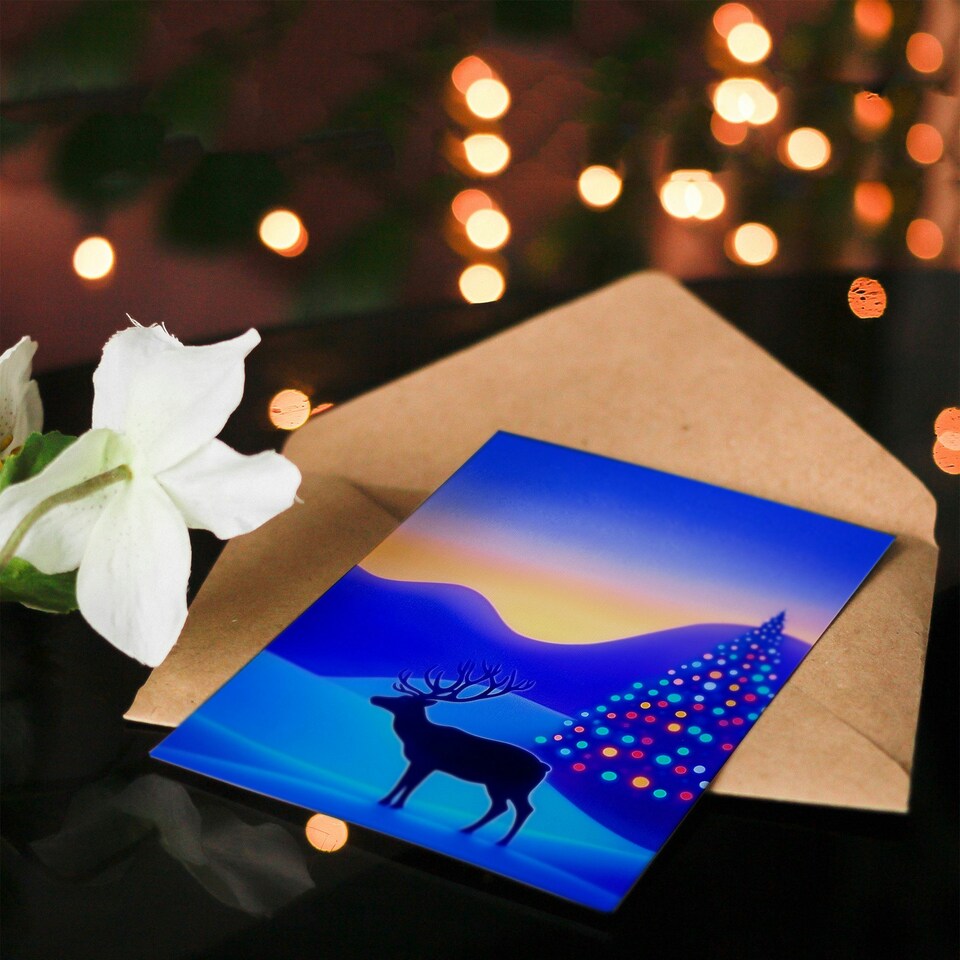 image 1 of Greeting Card Colourful Lights Tree Reindeer Winter Wonderland Blank For Him Or Her Art Xmas Christmas Card