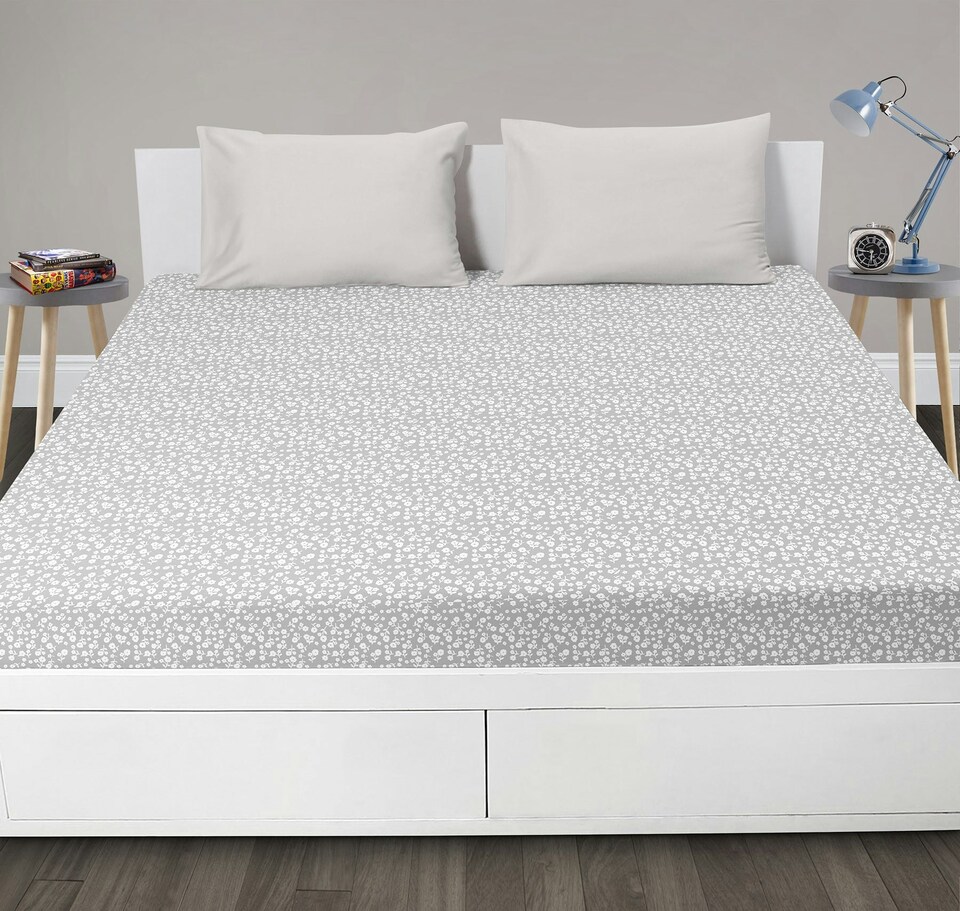 Velosso Maya Floral Cotton Blend Grey Fitted Sheet | Grey | Grey | King