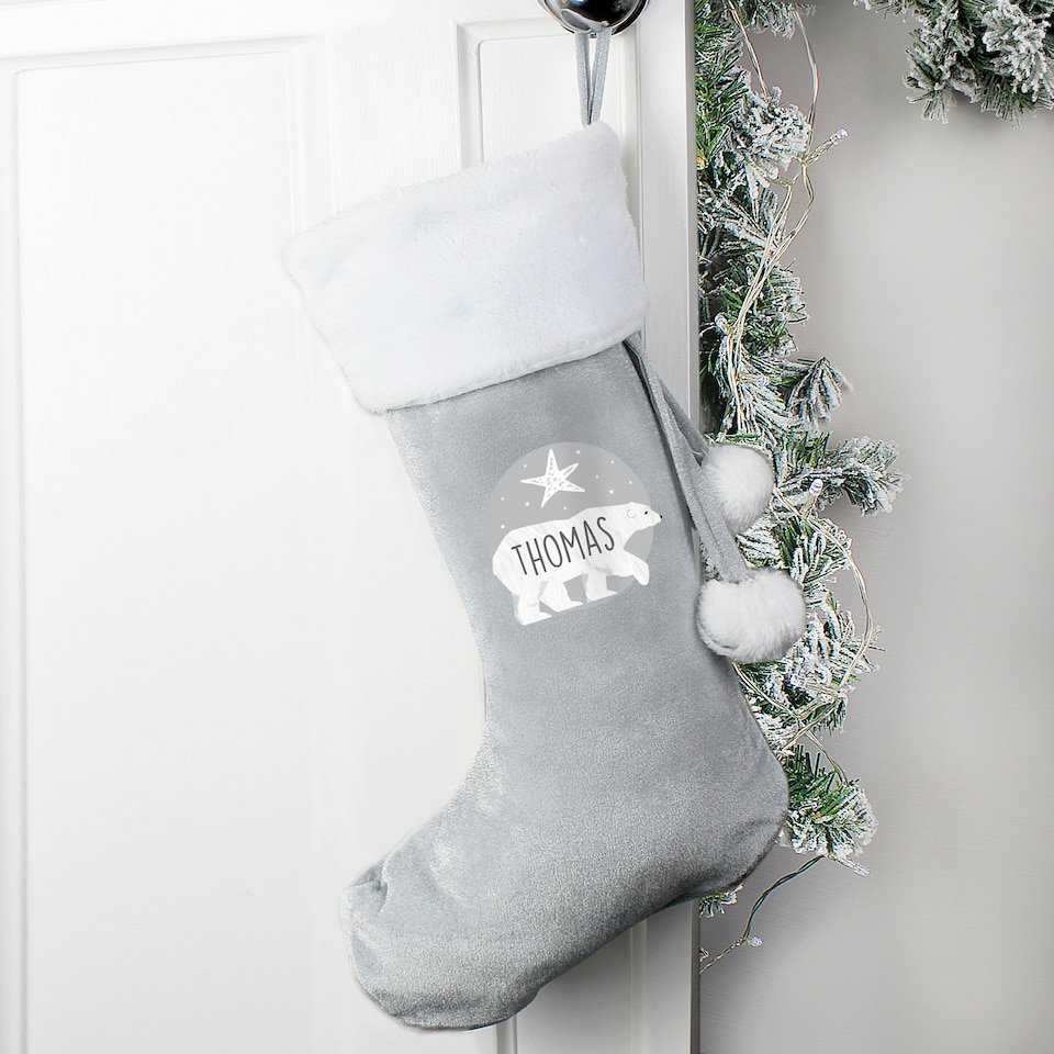 image 1 of Personalised Polar Bear Luxury Silver Grey Stocking