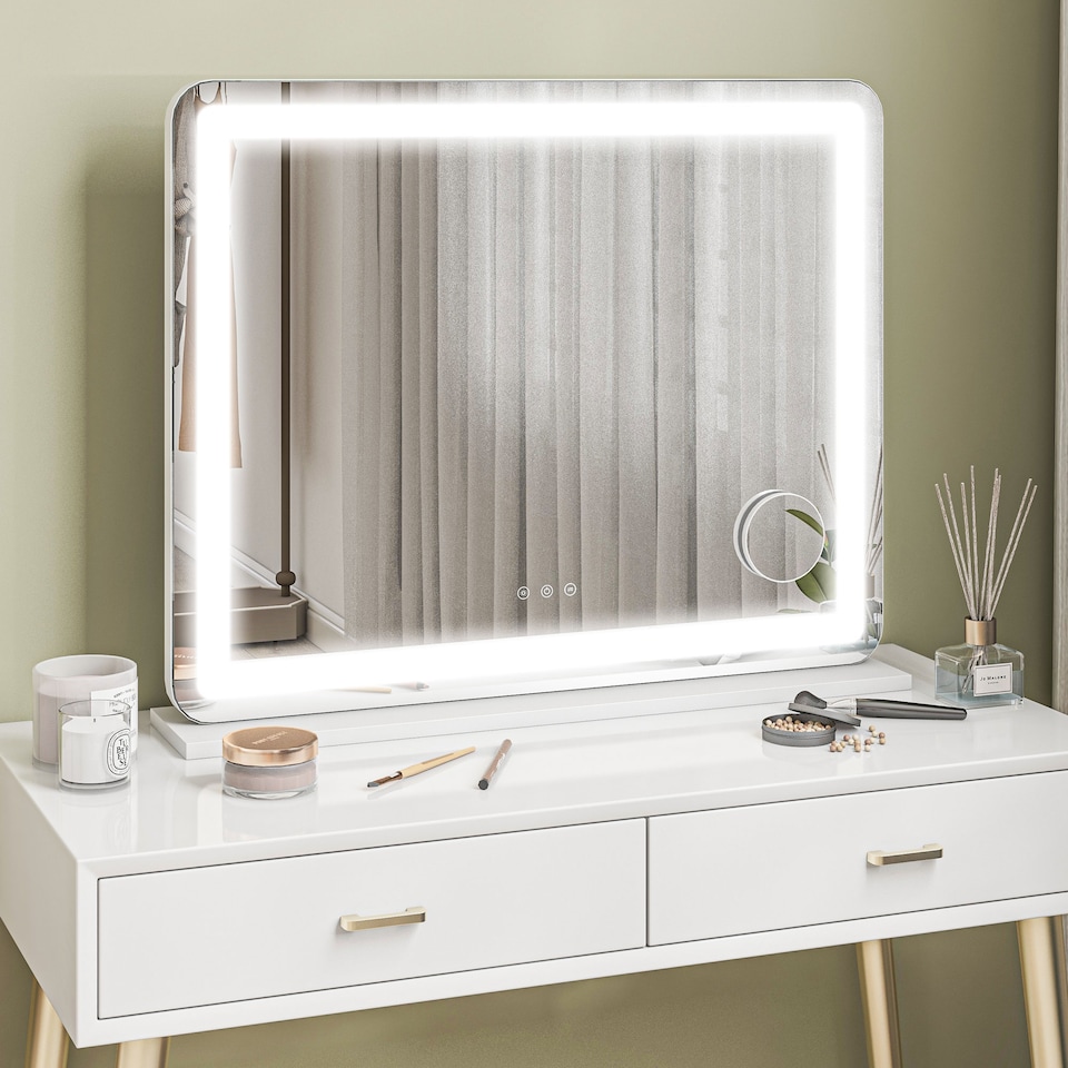 image 1 of HOMCOM Vanity Mirror with Lights, Large Lighted Makeup Mirror with 3 Colour Lighting Modes, 10X Magnifying, USB Charging Port, Touch Screen, Tabletop or Wall Mounted Design for Bedroom, White