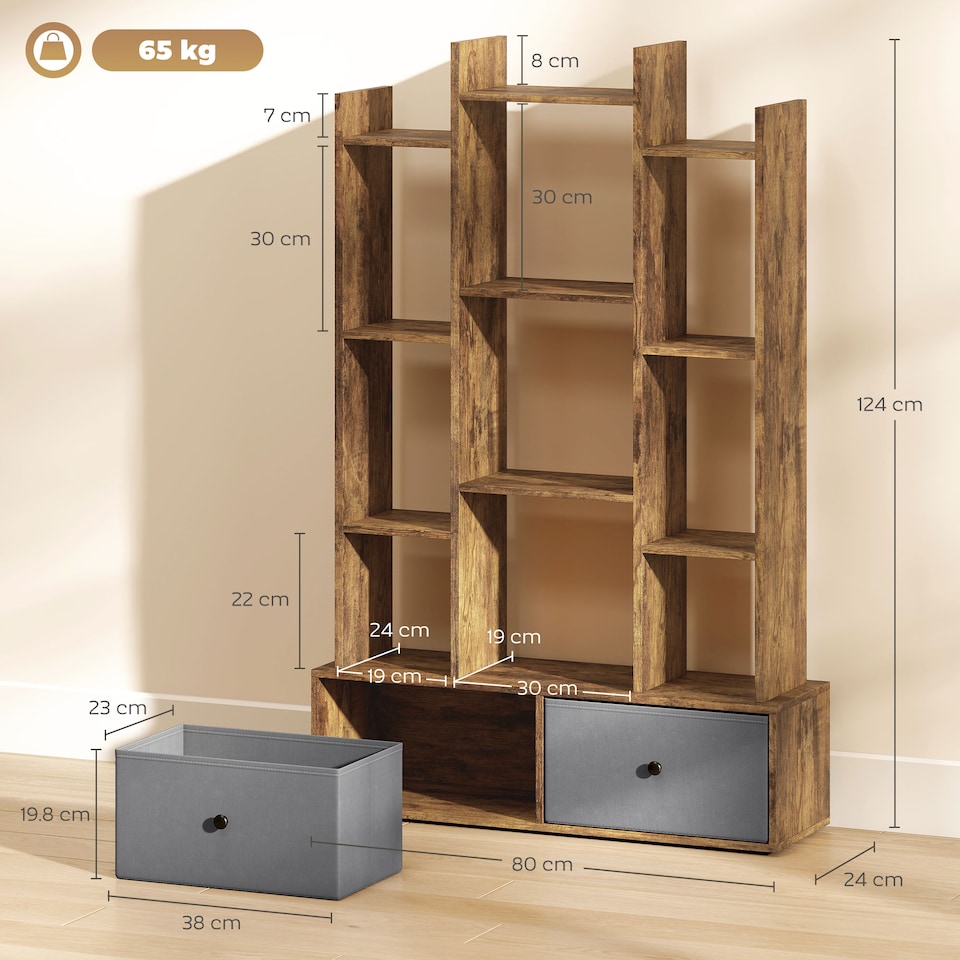 image 1 of HOMCOM Tree Bookshelf, 12-Tier Floor Standing Bookcase with 2 Foldable Drawers, Freestanding Book Shelf Storage Display Shelving Unit for Living Room, Home Office, Bedroom, Rustic Brown