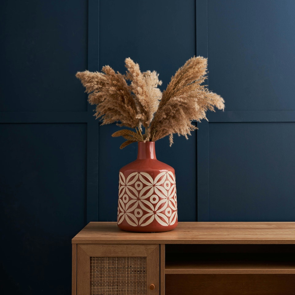 image 1 of BHS Petal Patterned Ceramic Vase, Terracotta Orange | Terracotta