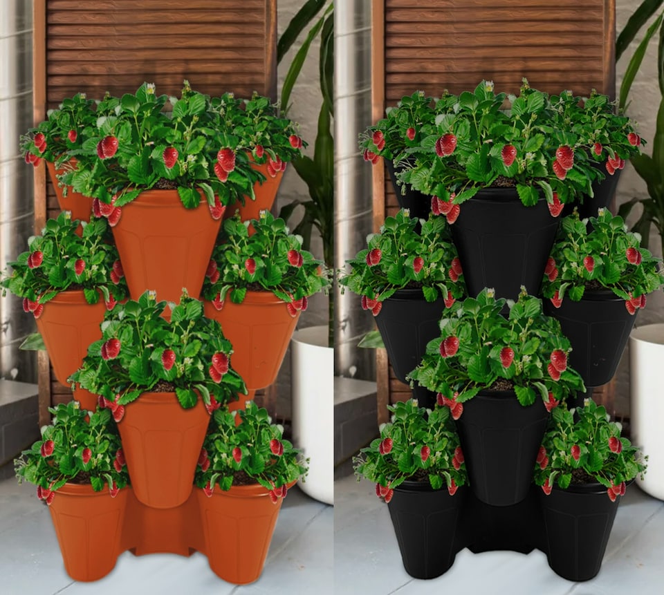 image 1 of Trio Stackable Stacking Strawberry Planter Plant Flower Pot Herb Garden Patio UK | Orange