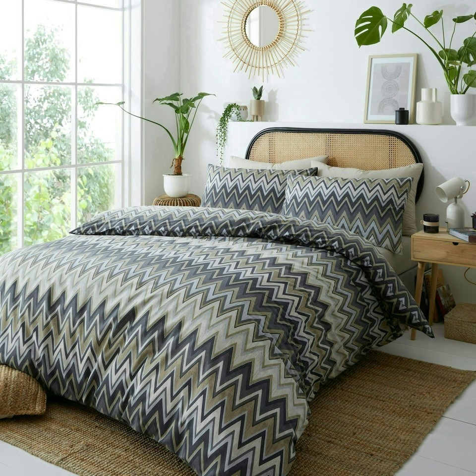 image 1 of Portfolio Home Tyler Zig Zag Geometric Bedding Duvet Cover Set Grey | Super King