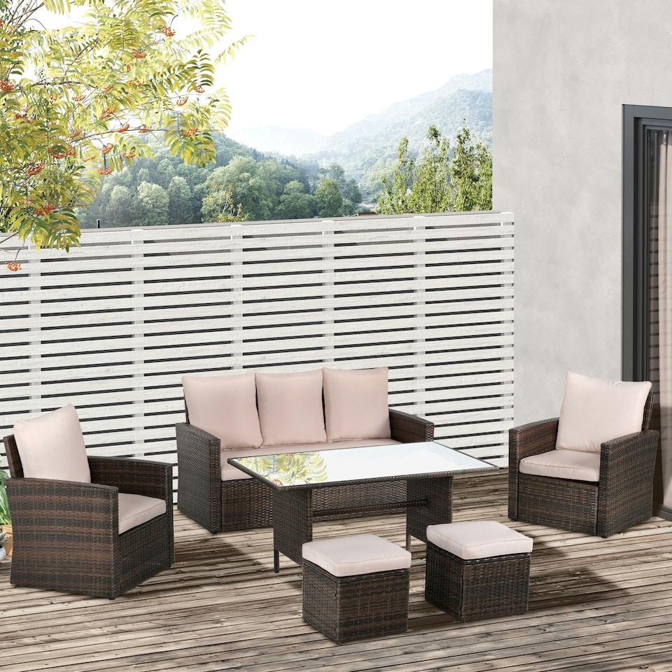 image 1 of Outsunny 6 PCS Outdoor Rattan Sofa Furniture Sets with Footstool Cushions Brown