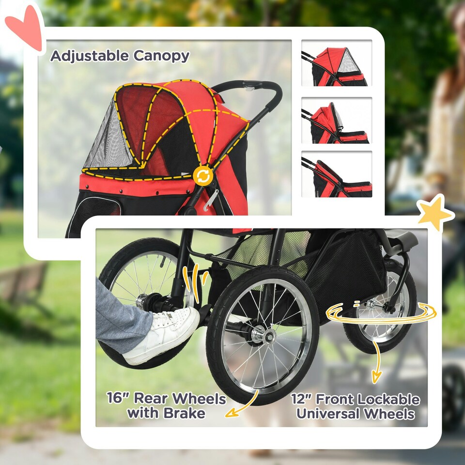 image 1 of PawHut Three-Wheel Pet Stroller, for Medium, Small Dogs, Foldable Cat Pram - Red