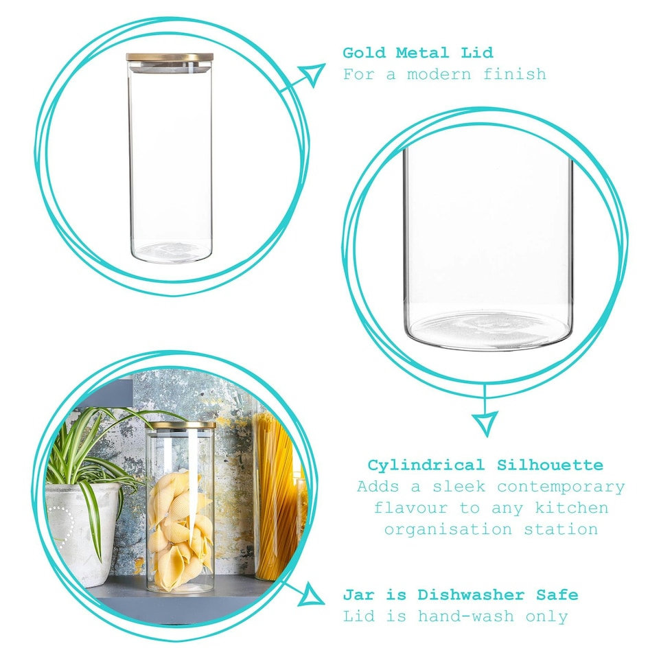 image 1 of Argon Tableware Glass Storage Jars with Metal Lids - 1.5 Litre - Gold - Pack of 6