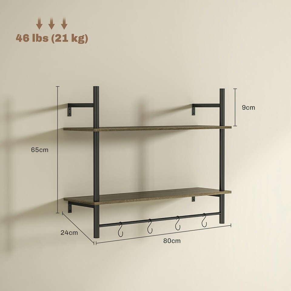 image 1 of HOMCOM Wall Shelf Unit with 4 Hooks for Living Room, Entryway, Grey