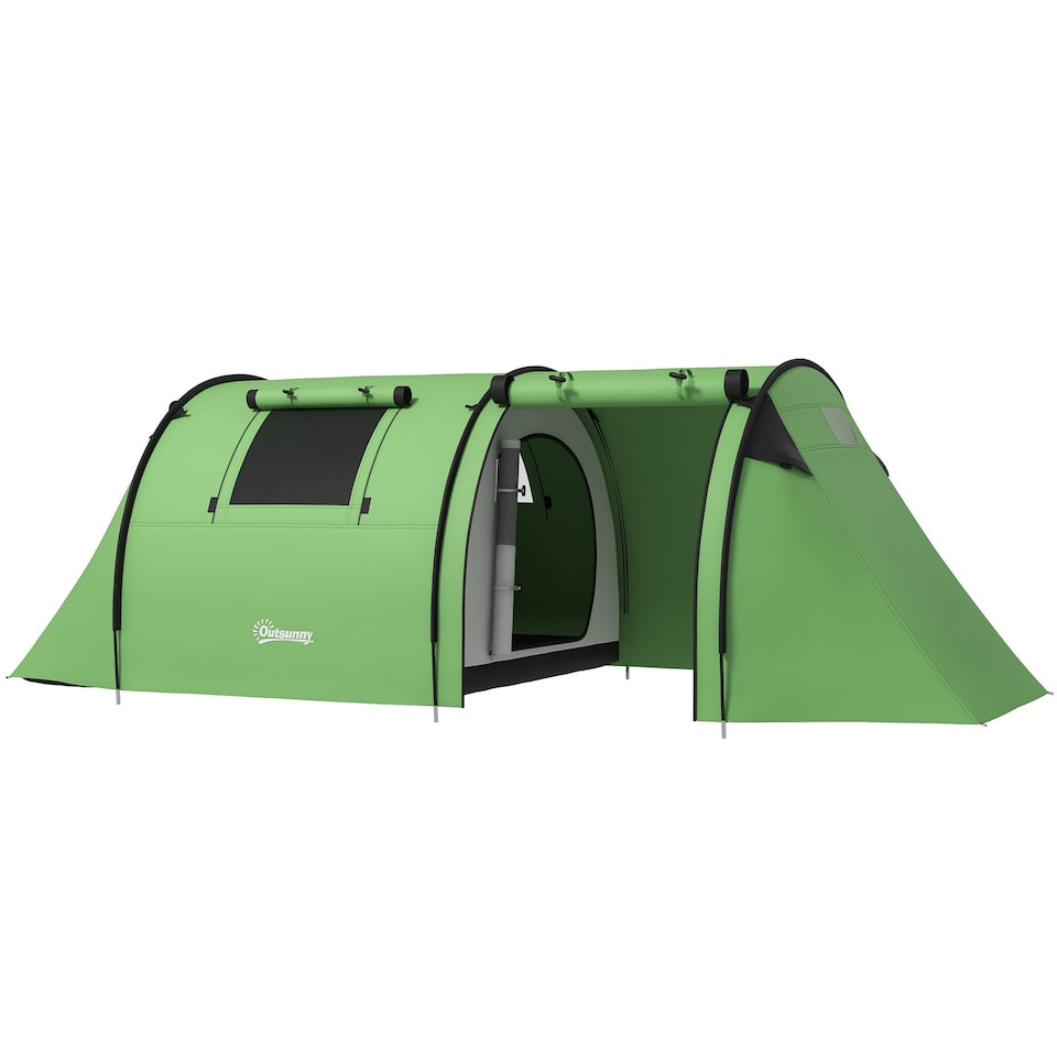 image 1 of Outsunny 2 Room Camping Family Tent for 3-4 Man, 3000mm Waterproof, Green