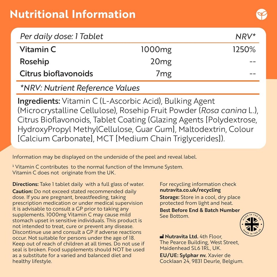 image 1 of Nutravita Vitamin C 1000mg - High Strength Ascorbic Acid with Added Bioflavonoids & Rosehip - Normal Immune System - 180 Tablets - 6 Month Supply