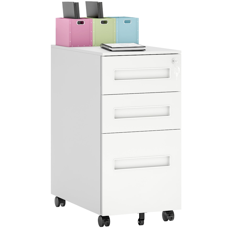 image 1 of Vinsetto 3 Drawer Mobile File Cabinet, Metal Filing Cabinet with Lock and 5 Wheels for A4 Legal Letter Sized Documents, Hanging File Folders, Pre-Assembled Body, 30 x 43.5 x 60 cm, White | White | White