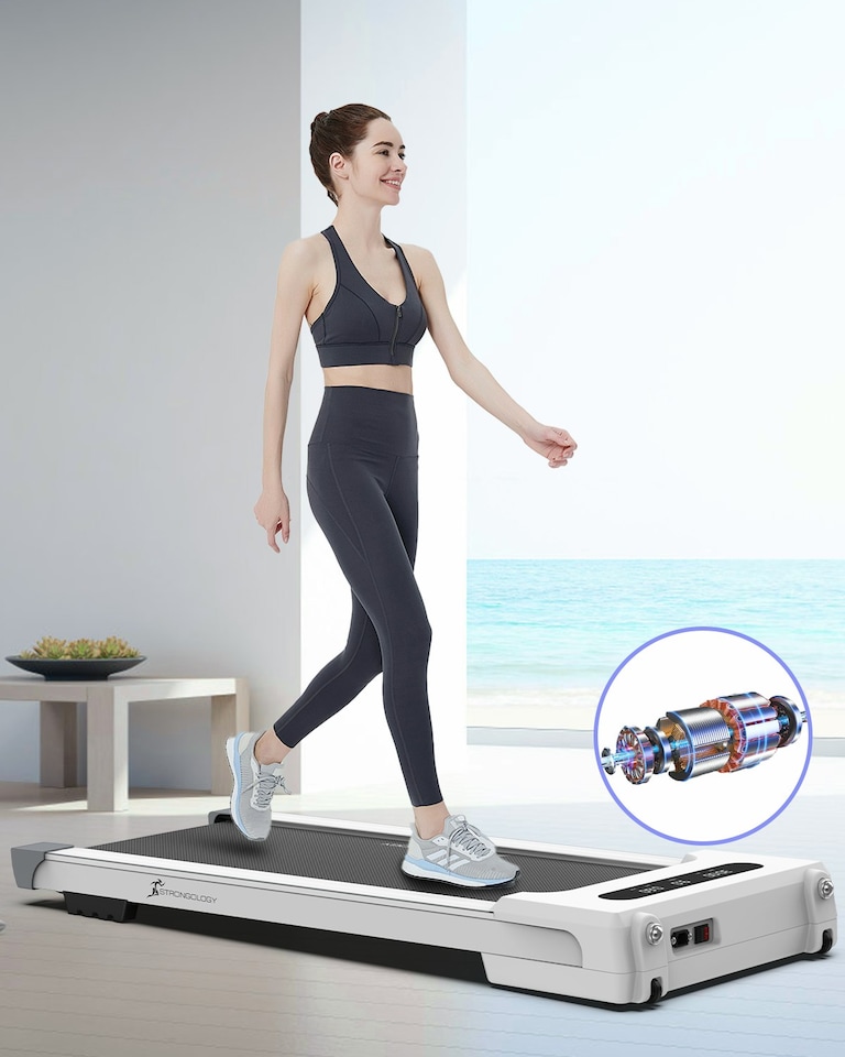 image 1 of Strongology MOTIONIC WHITE Home and Office Ultra Quiet Adjustable Speed 1-8km/h Slimline 2.5HP Bluetooth Treadmill with LED Display - Fully Assembled