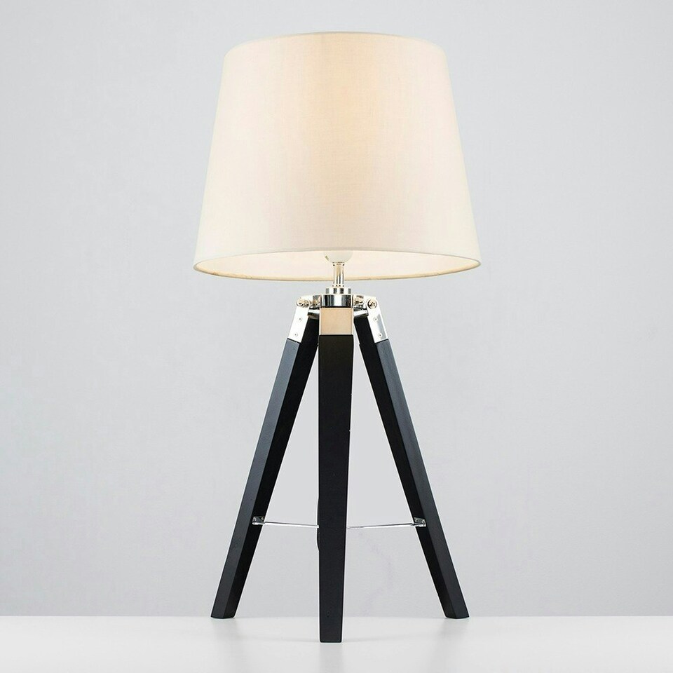 image 1 of ValueLights Clipper Black Wood and Silver Chrome Tripod Table Lamp with Beige Tapered Light Shade with 6w LED GLS Bulb