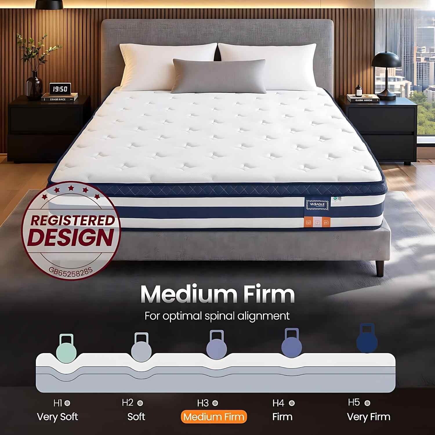 King Sized Bed, Cooling Gel Memory Foam Pocket Spring Mattress, Medium Firm, Motion Isolation, Blue