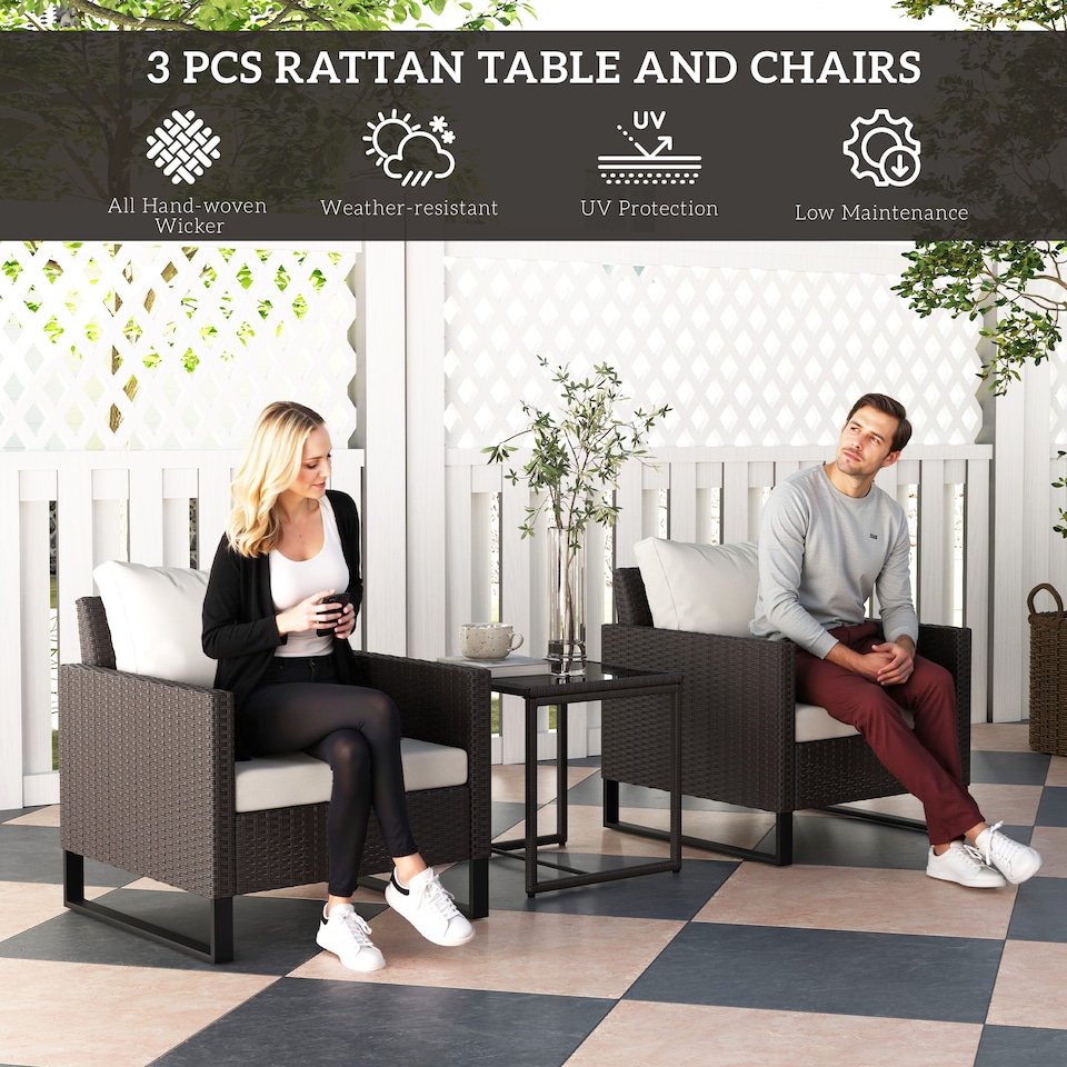 image 1 of Outsunny 3 Pieces Rattan Bistro Set with 4 Cushions, Wicker Garden Furniture Set, Glass Top Coffee Table and Chairs for Outdoor Patio, Balcony, Terrace and Conservatory, Brown