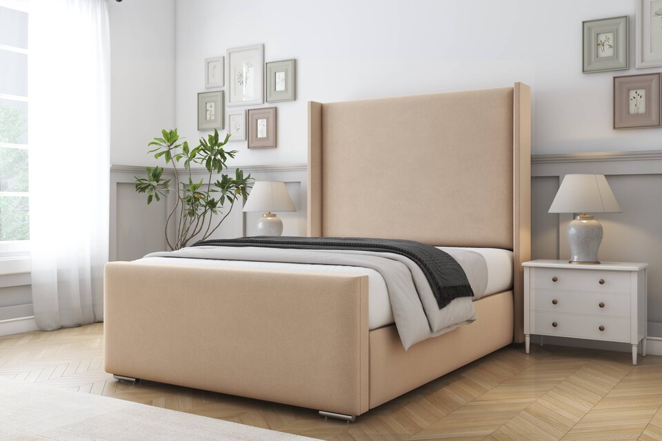 image 1 of Sloomy Devonshire Pebble Plush Bed Frame With Mattress With 50"  Upholstered Wingback Headboard 5' King
