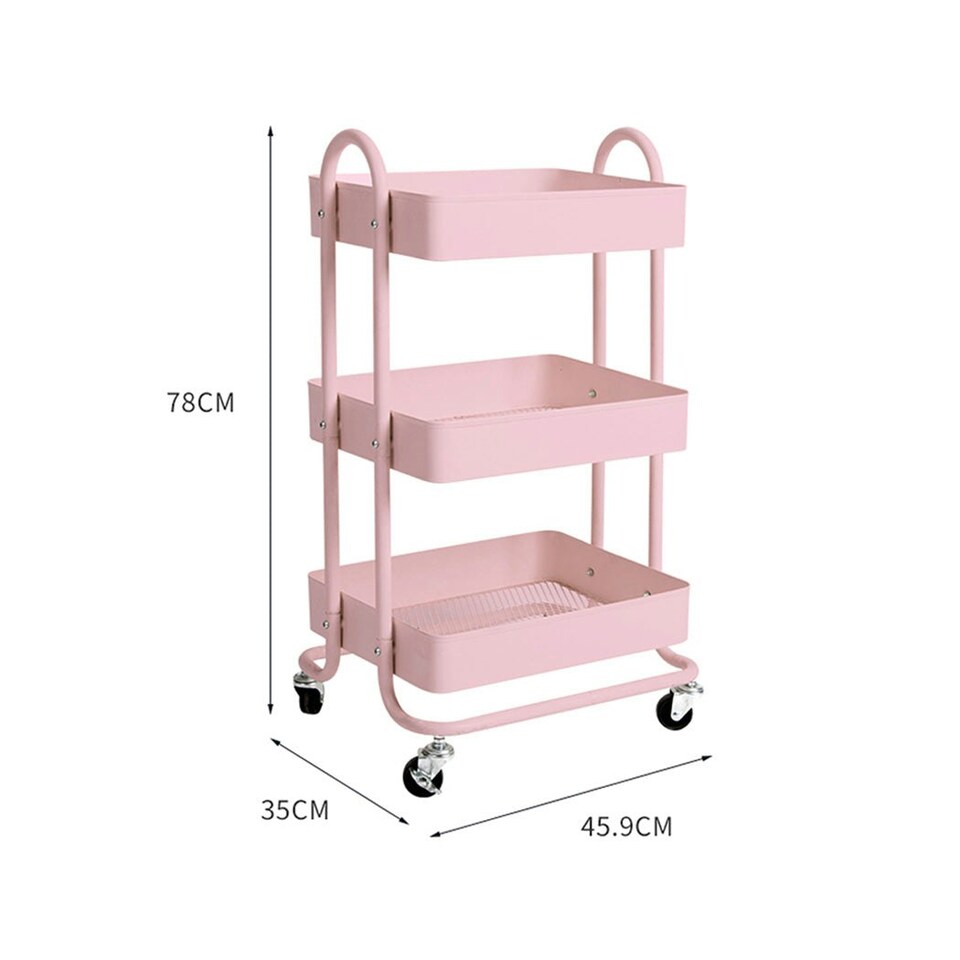 image 1 of Levede 3 Tiers Kitchen Trolley Cart Steel Storage Rack Shelf Organiser Pink