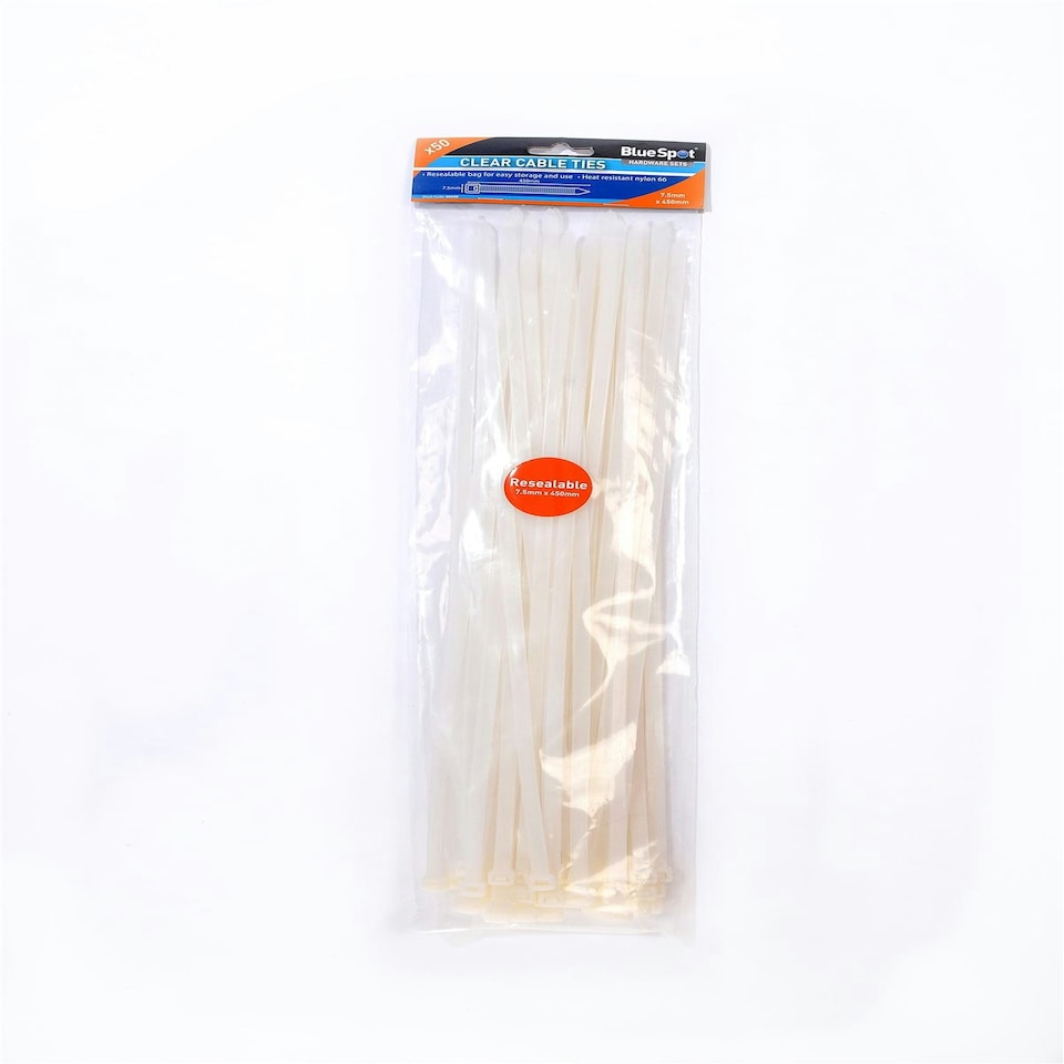 image 1 of Blue Spot Tools - 50 Pce 7.5mm x 450mm White Cable Ties