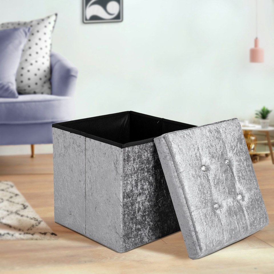 image 1 of Home Republic Crushed Velvet Storage Ottoman - 38cm X 38cm Foldable Blue