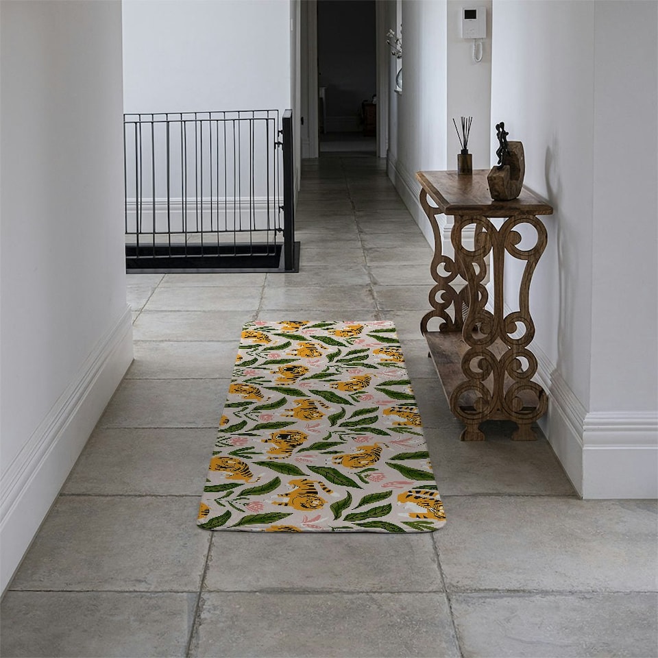 image 1 of cute tigers and tropical leaves and flowers Designer (Runner Rug)