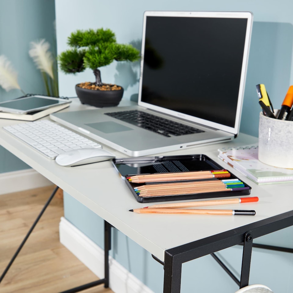 image 1 of Folding Compact Desk Storage Hook Wood Metal Office Computer Table Workstation | White