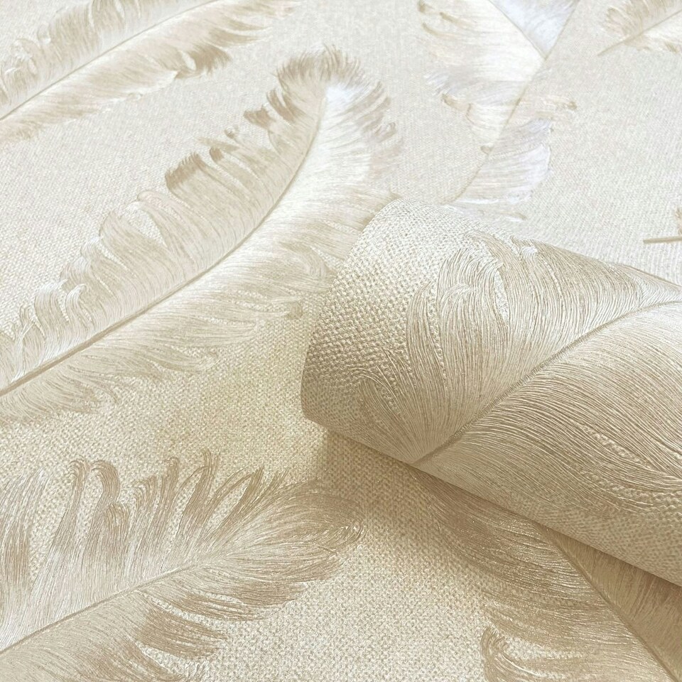 image 1 of Belgravia Ciara Feather Glitter Textured Wallpaper - Cream/Soft Beige - 10m x 53cm Cream