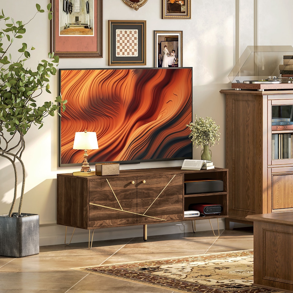 image 1 of HOMCOM TV Stand Cabinet for up to 60 Inch TV, Modern 130cm TV Unit with Adjustable Shelves and Hairpin Legs, Double Door TV Cabinet for Living Room, Bedroom, Brown | Brown | 1